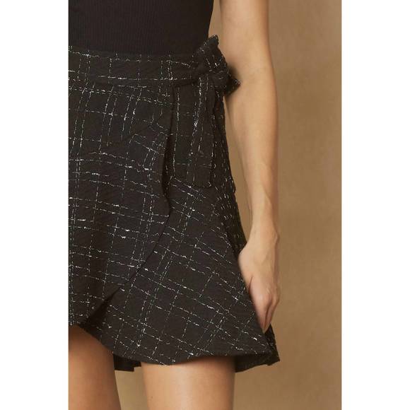 NEW ENTRO tweed high waisted wrap skirt in black - Picture 6 of 7